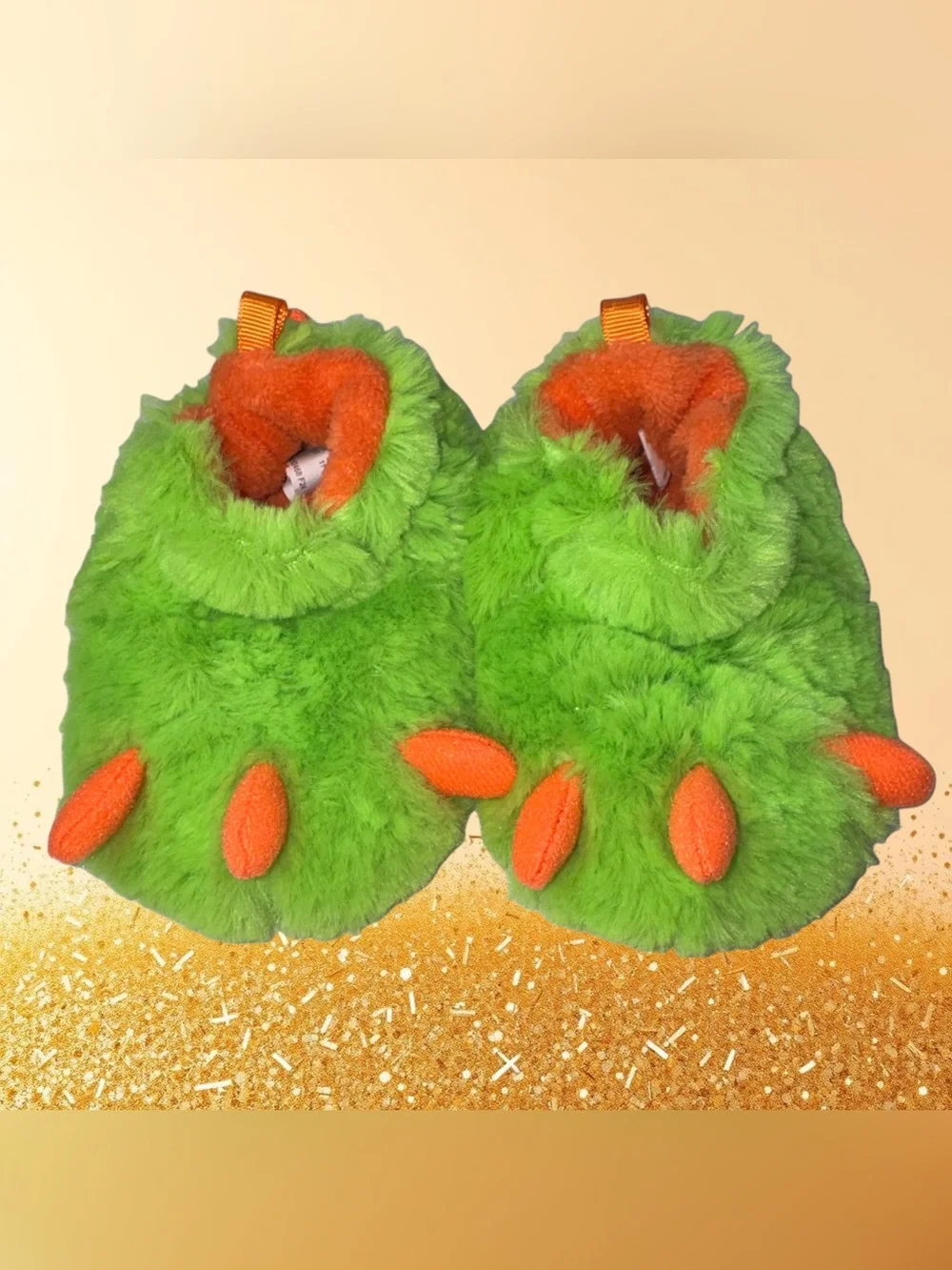 wonder nation Bright Green Plush Monster Kids Slippers with Orange Accents